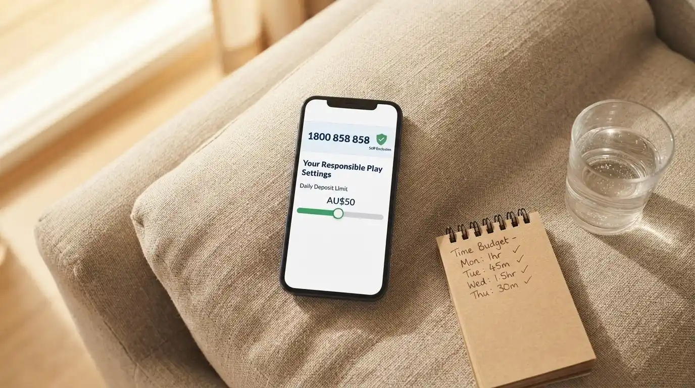 A calm, supportive composition of a helpline number, a self-exclusion icon and a deposit-limit slider on a phone screen