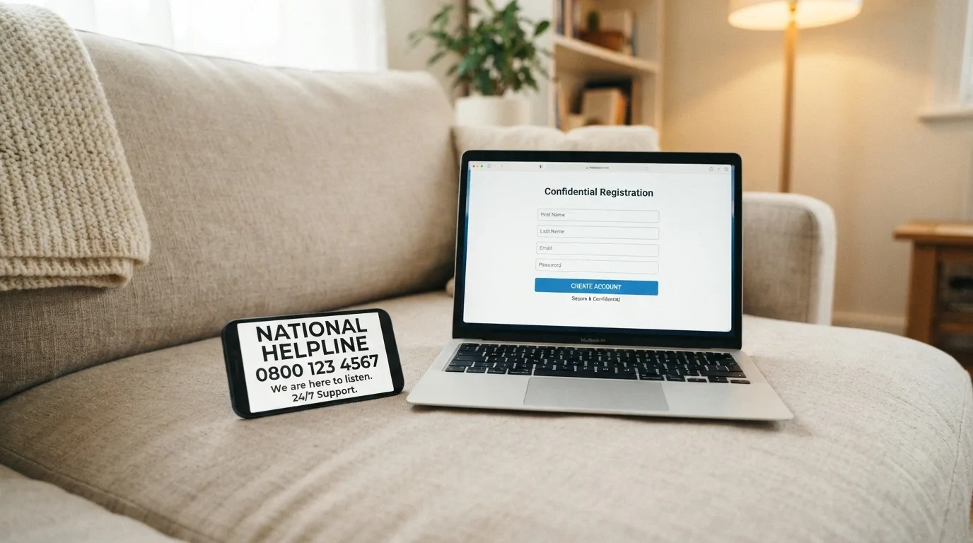 A calm, supportive composition of a phone displaying the 1800 858 858 helpline number beside a laptop open to the BetStop registration page, with the Gambling Help Online logo visible