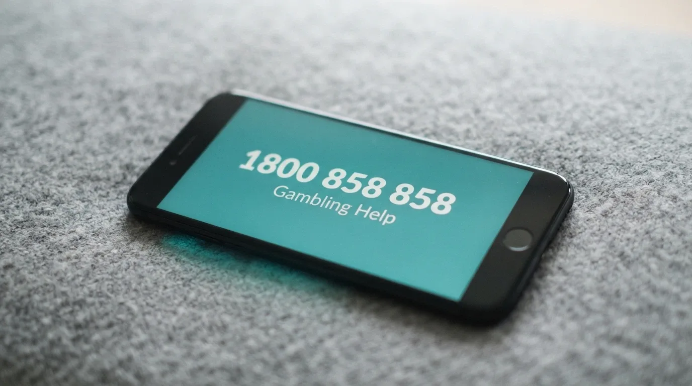 A phone displaying the number 1800 858 858 on screen with the Gambling Help Online logo, against a calm background