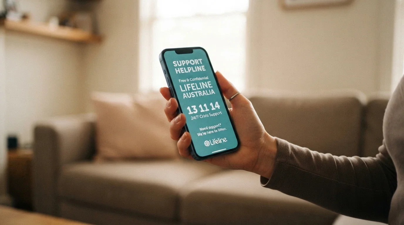 A phone screen showing the National Gambling Helpline number 1800 858 858 with the Gambling Help Online logo