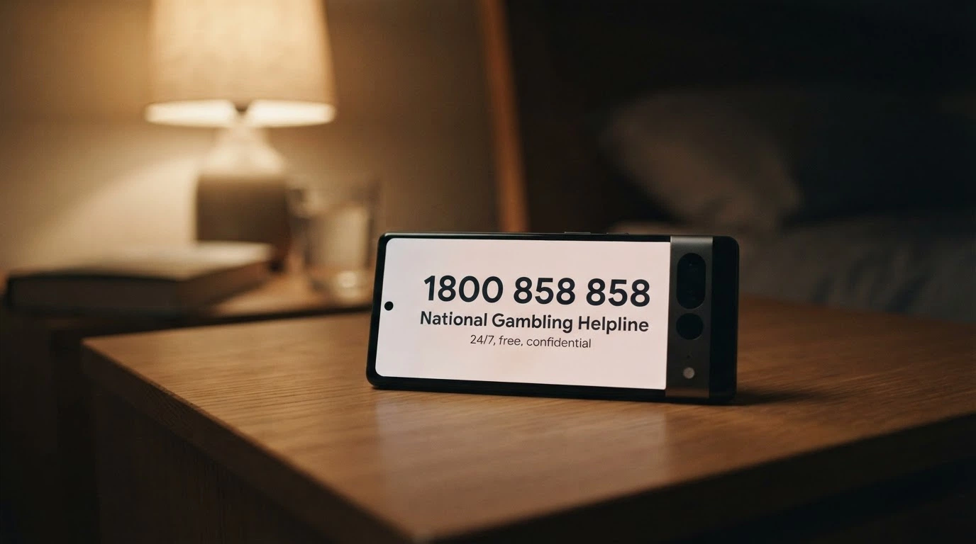 A phone screen showing the number 1800 858 858 with the text “National Gambling Helpline — 24/7, free, confidential” beneath it