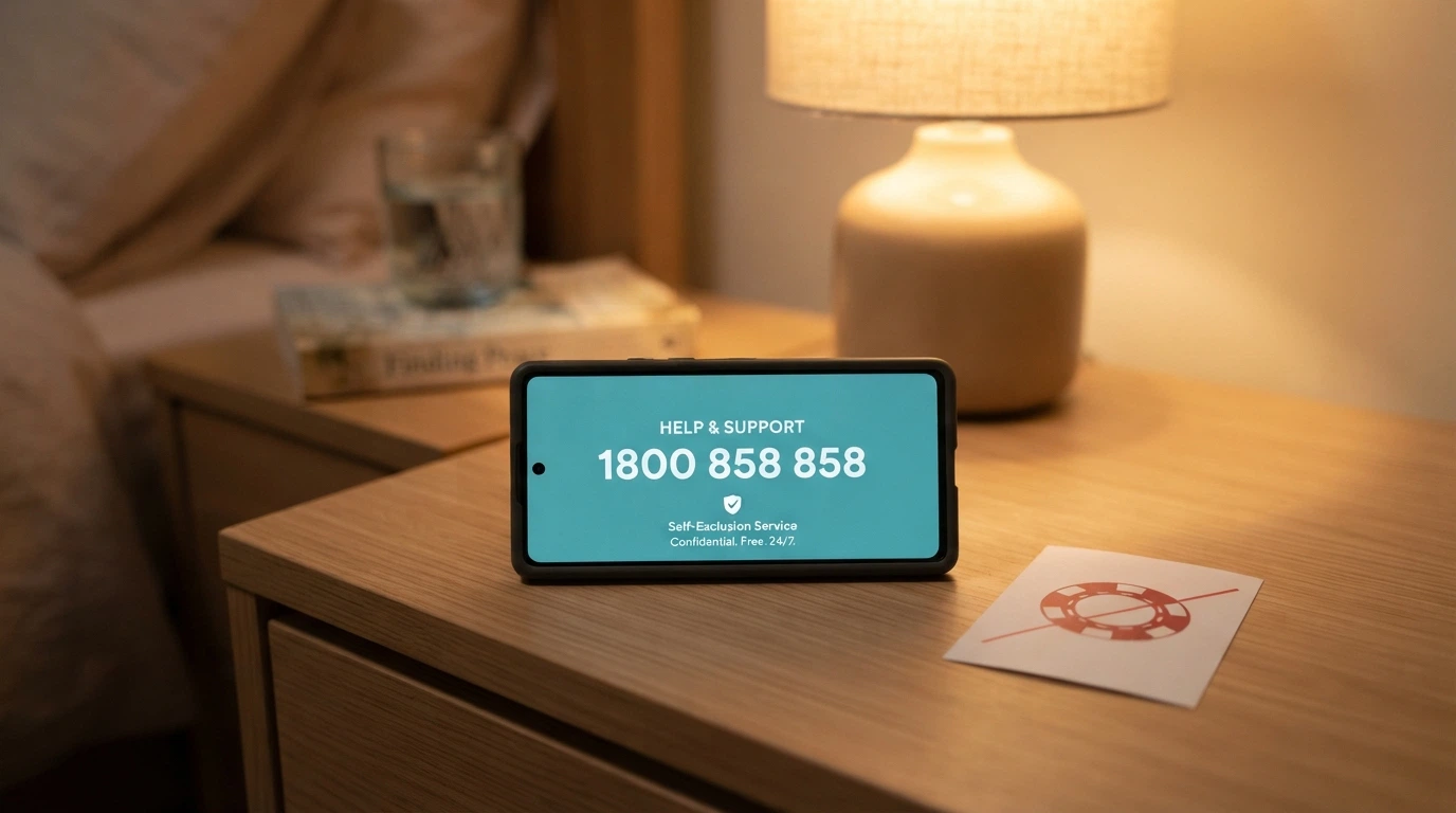 A phone screen showing the National Gambling Helpline number (1800 858 858) and the BetStop logo, with a red cross through an offshore-casino logo to one side