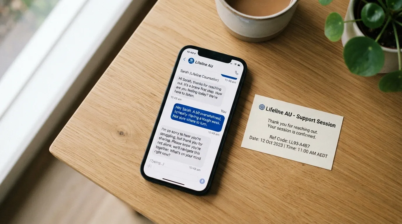 A smartphone showing the Gambling Help Online chat screen next to a BetStop registration confirmation