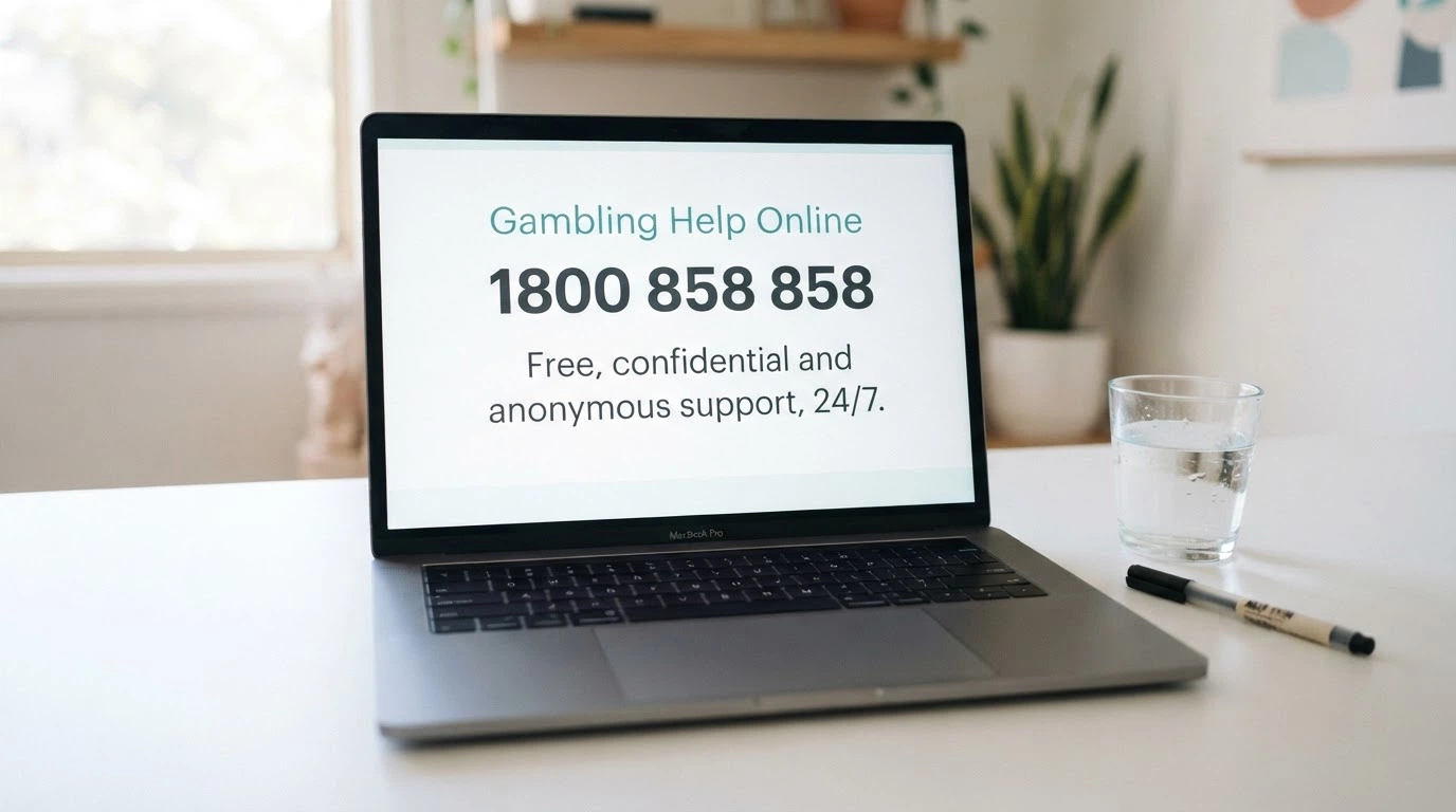 The Gambling Help Online homepage on a laptop screen with the 1800 858 858 helpline number prominent