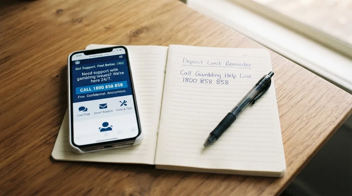 A smartphone displaying the Gambling Help Online homepage beside a notepad with a handwritten deposit-limit reminder, the National Gambling Helpline number clearly legible