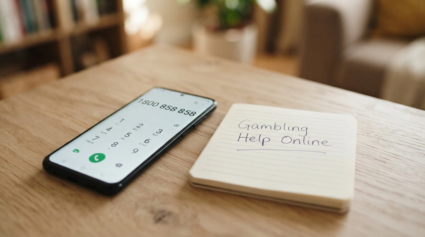 A close-up of a phone keypad with 1800 858 858 partially dialled, beside a notebook with “Gambling Help Online” written on it