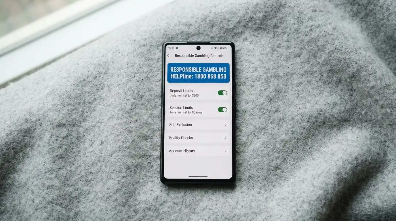 A settings screen showing deposit-limit and session-time-limit toggles, with a helpline number (1800 858 858) overlaid