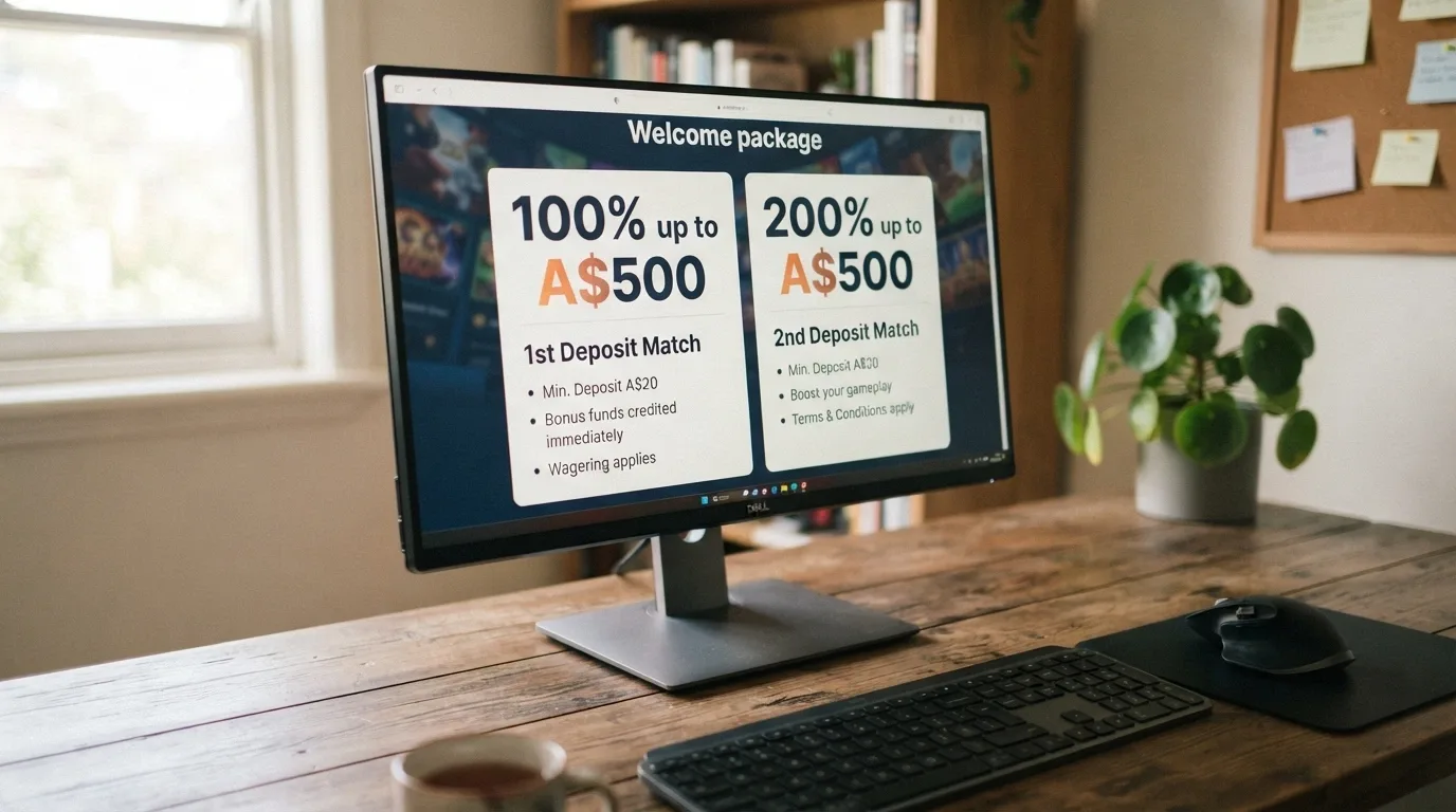 A desktop browser displaying the RocketPlay promotions page with the welcome-package breakdown visible, AUD amounts prominent