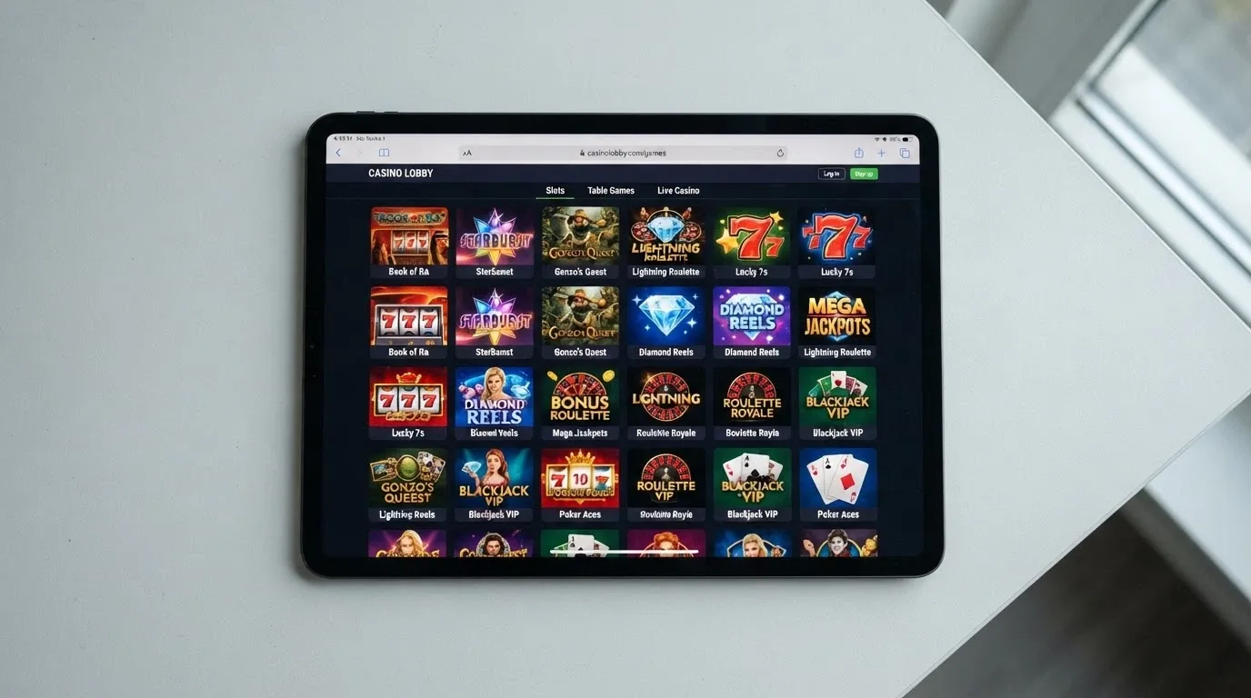 An iPad in landscape mode showing a casino game lobby open in the Safari browser, with game thumbnails visible