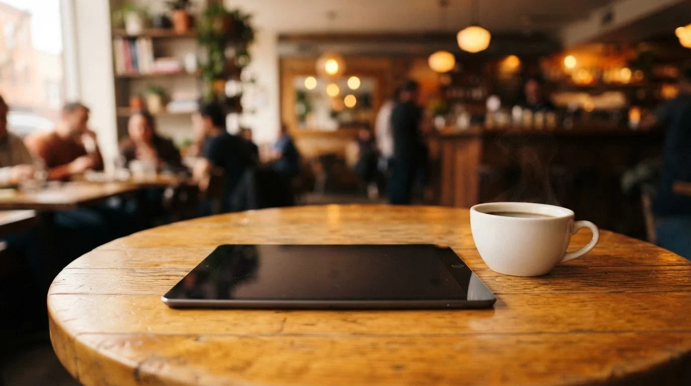 An iPad sitting on a table next to a cup of coffee, screen off, suggesting a deliberate and informed decision