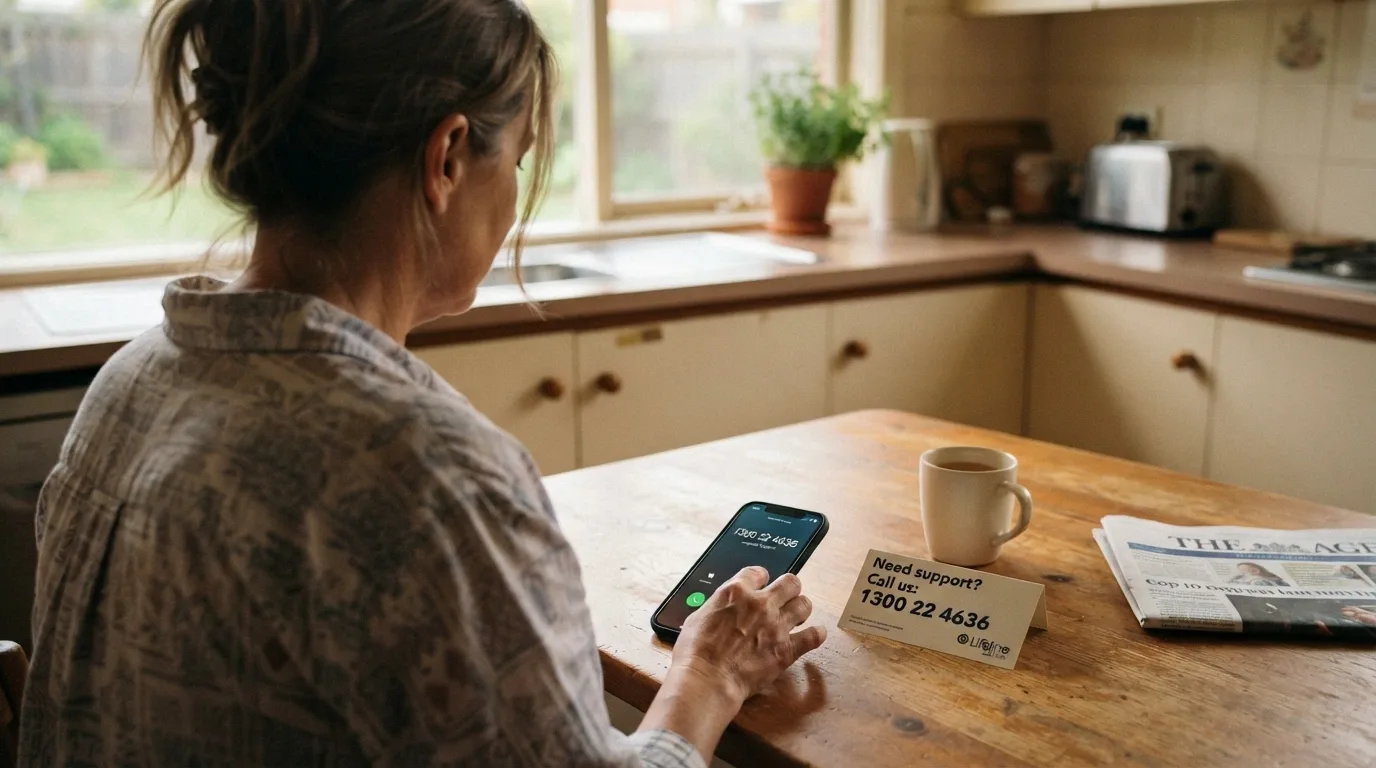 An Australian adult holding an Android phone, a responsible-gambling helpline number visible in the frame on a secondary screen or card