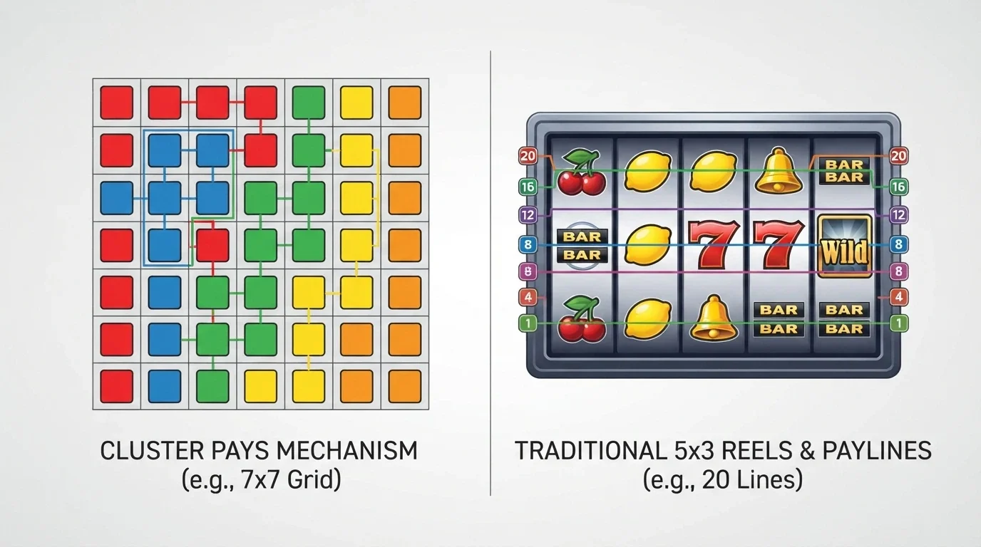A split-screen diagram comparing a 7×7 cluster-pays grid on one side with a traditional 5-reel payline layout on the other