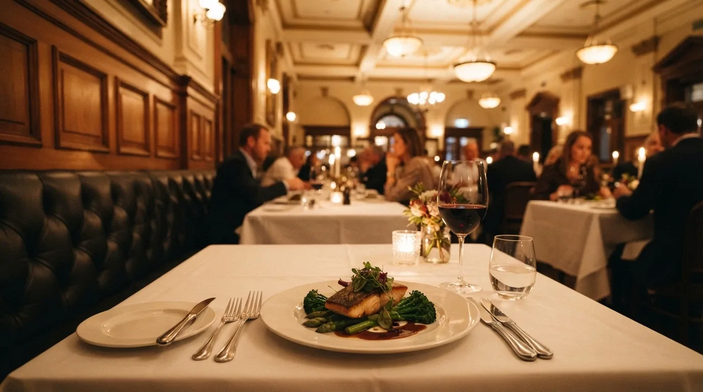 An interior view of one of SkyCity Adelaide's signature restaurants with plated dishes, wine glasses and ambient dining lighting