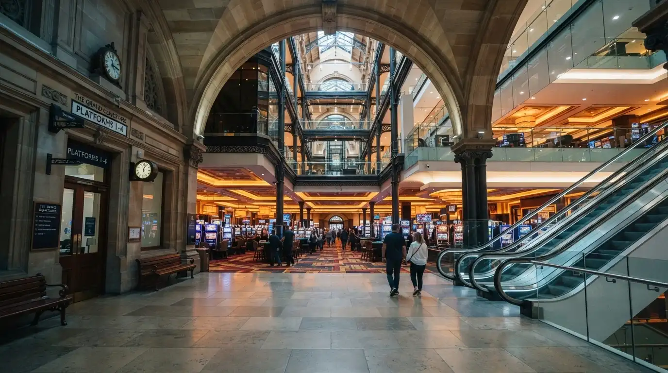 A wide-angle view of the SkyCity Adelaide interior showing the transition from the heritage railway station concourse into the gaming floor