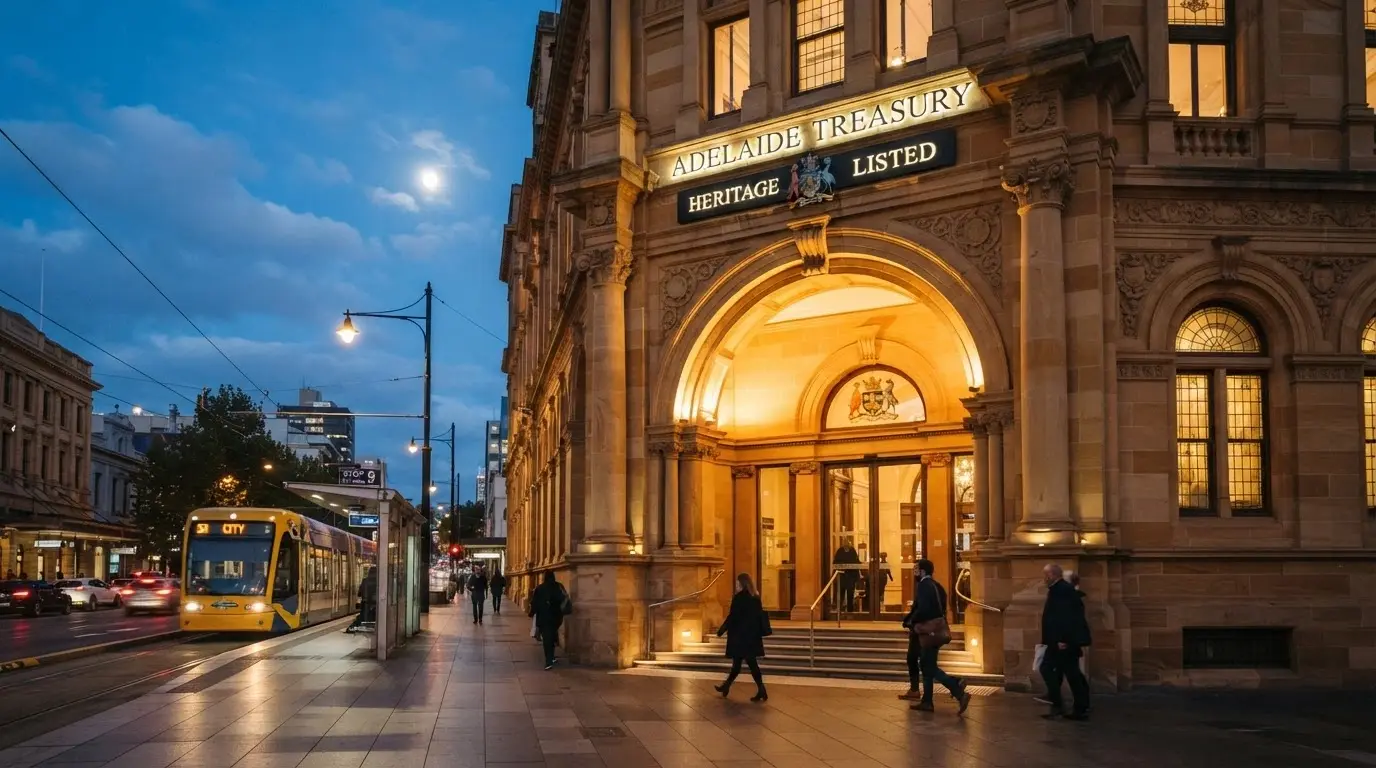 The sandstone façade and arched entry of SkyCity Adelaide on North Terrace at dusk, with the casino signage illuminated