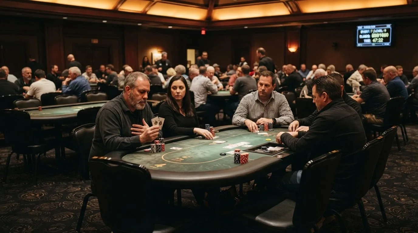 A dedicated poker room with Texas Hold'em tables, tournament-style seating and chip stacks in play