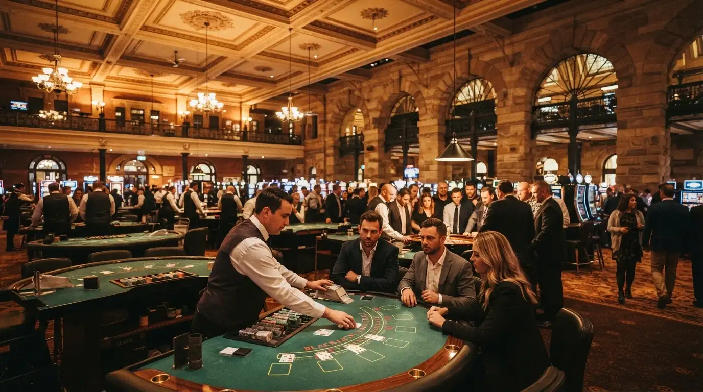 A view across SkyCity Adelaide's gaming floor showing blackjack and roulette tables with dealers and players under warm casino lighting