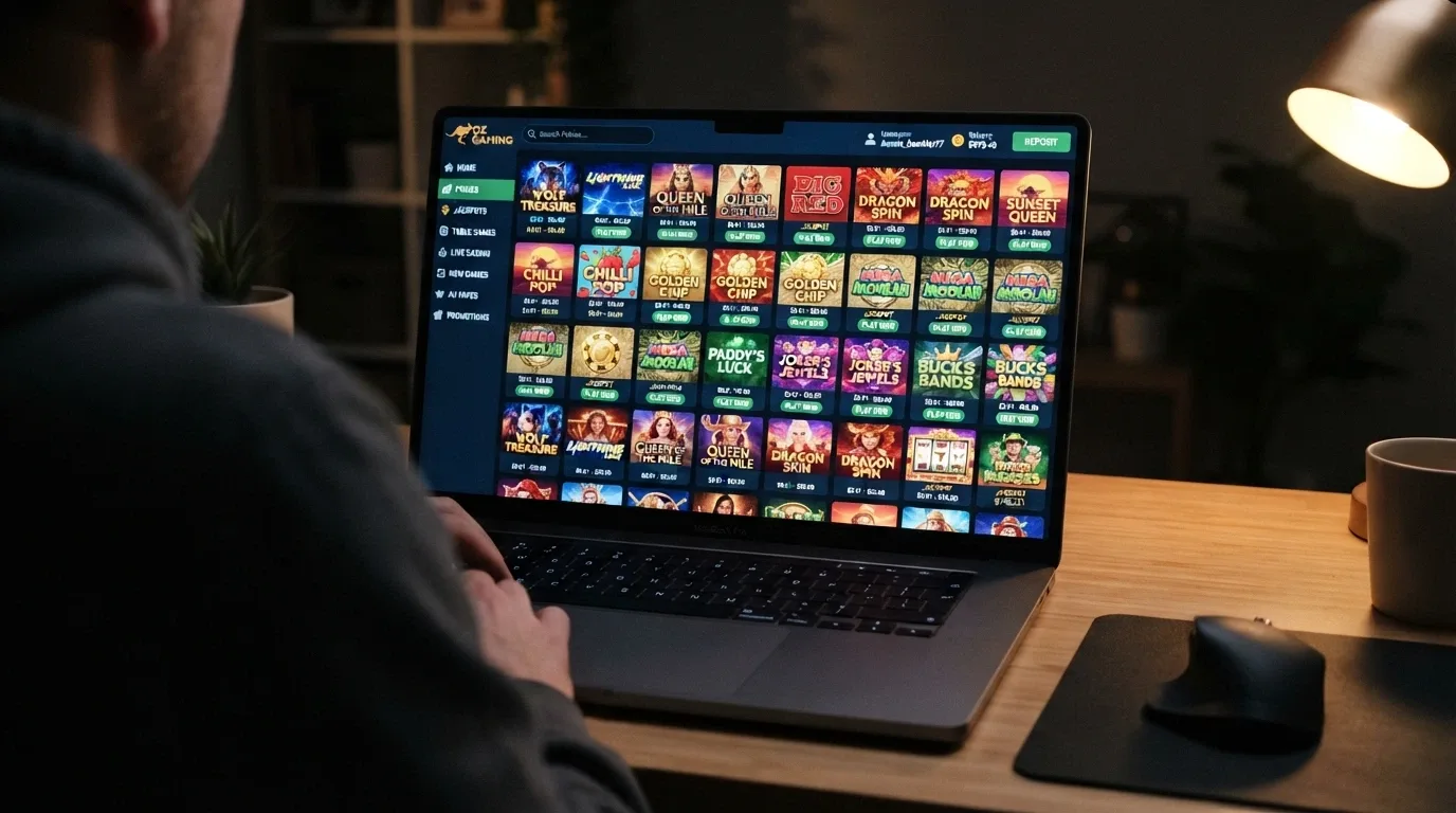 The SkyCrown online casino game lobby showing rows of pokies titles available to Australian players