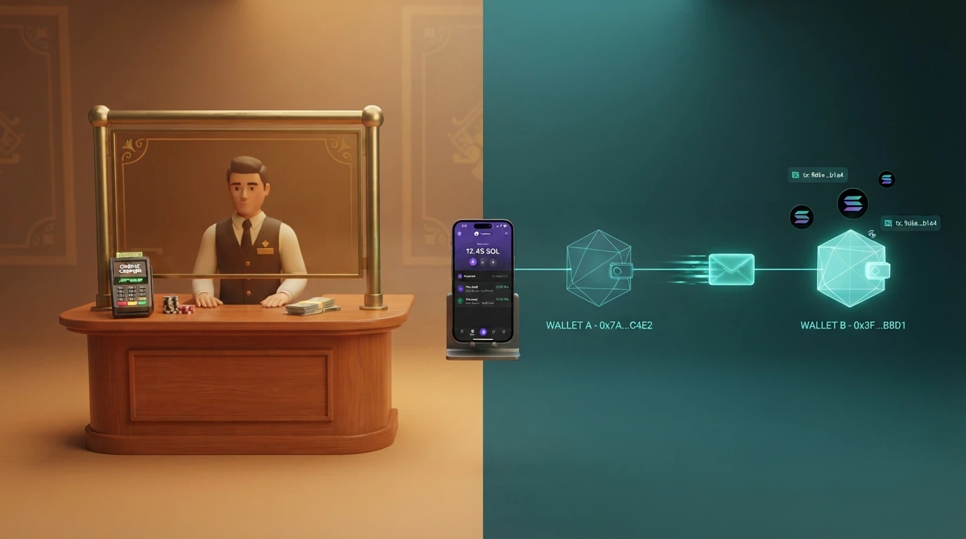 A split visual showing a traditional online casino interface on one side and Solana blockchain transaction data on the other