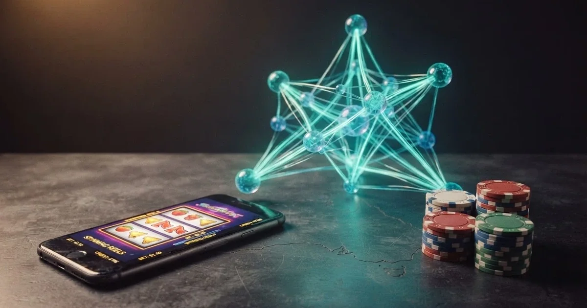 A digital illustration of the Solana blockchain connecting to online casino games, with SOL token symbols and Australian geographic context