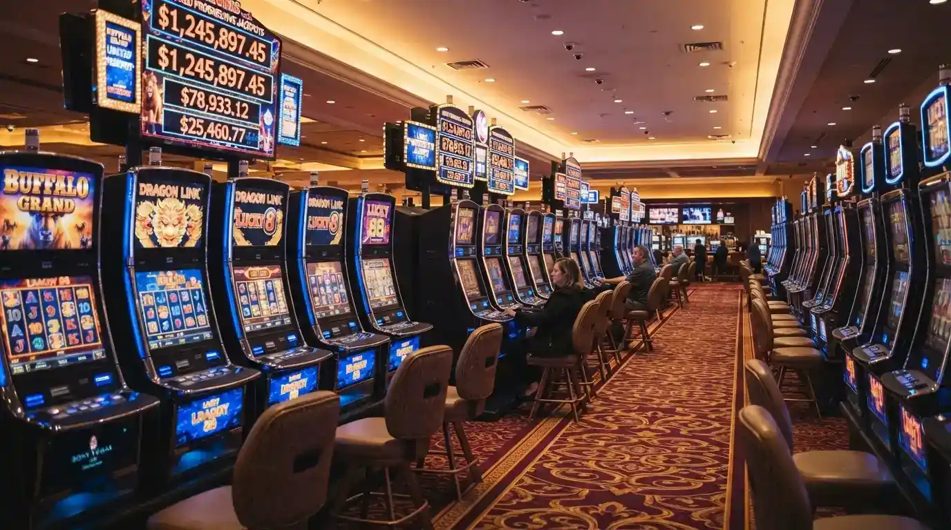 Rows of gaming machines across The Star Brisbane's main casino floor with digital displays and linked jackpot signage