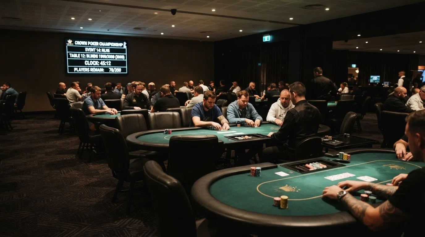 The Star Poker room at The Star Brisbane with felt tables, dealer stations and tournament board displays