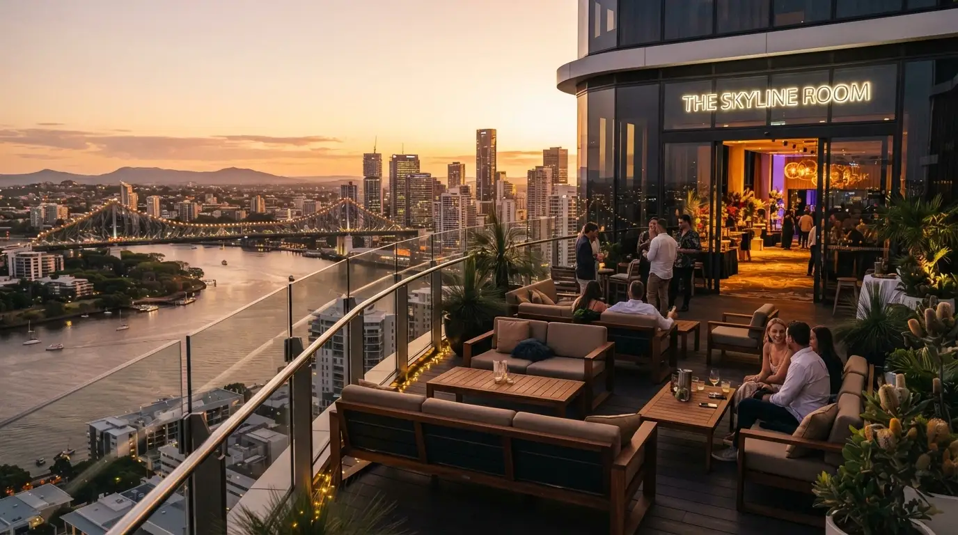 The Sky Deck at The Star Brisbane with open-air seating, city views and the Event Centre entrance