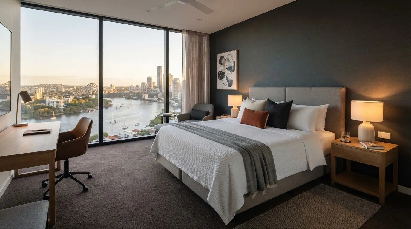 A premium room at The Star Grand hotel with river views, king bed and contemporary Australian design