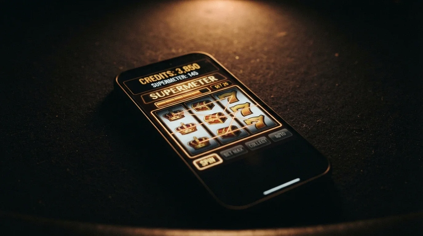 a 3-reel pokie screen showing a Supermeter mode with an elevated credit balance and the higher-RTP reel set active