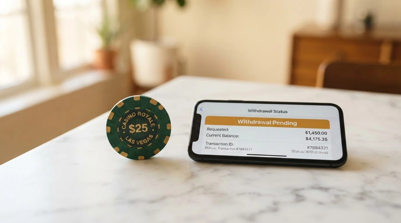 An AU $10 polymer note placed beside a smartphone showing a casino cashier screen with a withdrawal-pending notification — the note is crisp and real, the screen shows a balance that cannot be pulled out