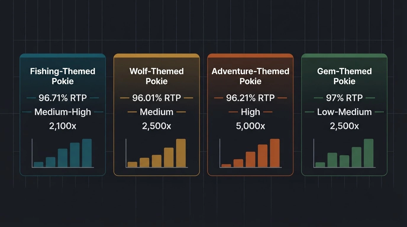 A visual comparison of several featured 5-reel pokie title cards, each showing its RTP percentage, volatility label and max win figure side by side