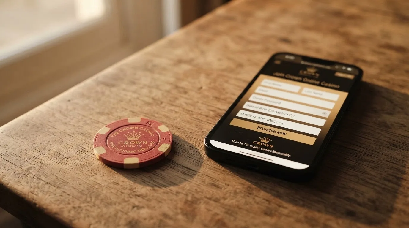 A single Australian $20 note on a wooden table next to a smartphone displaying a casino sign-up page