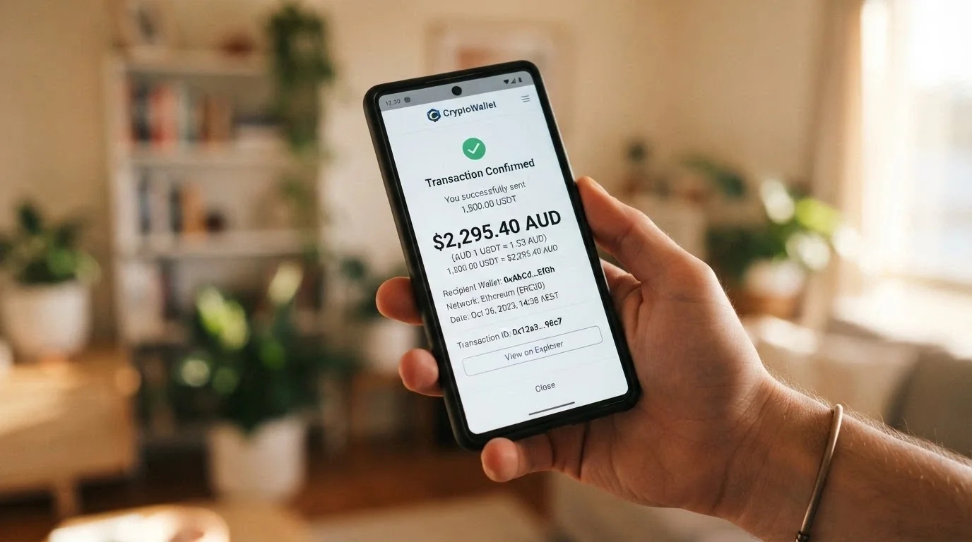 A mobile wallet app displaying a USDT TRC-20 transaction confirmation with a dollar-value equivalent shown