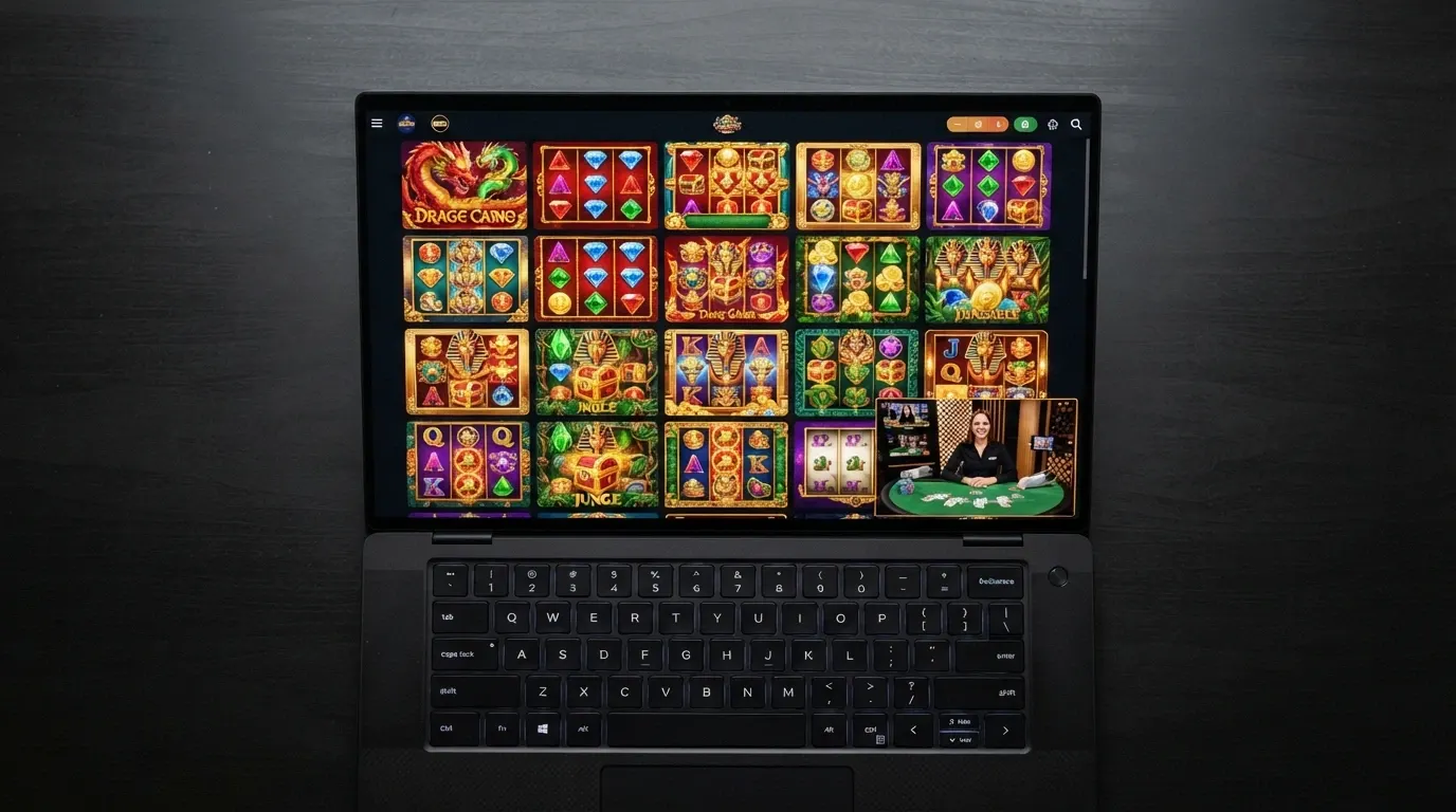 A grid of colourful online pokie game tiles — several provider logos visible in the corners (Pragmatic Play, BGaming, RTG) — with a live-dealer table inset showing a suited dealer at a green felt table