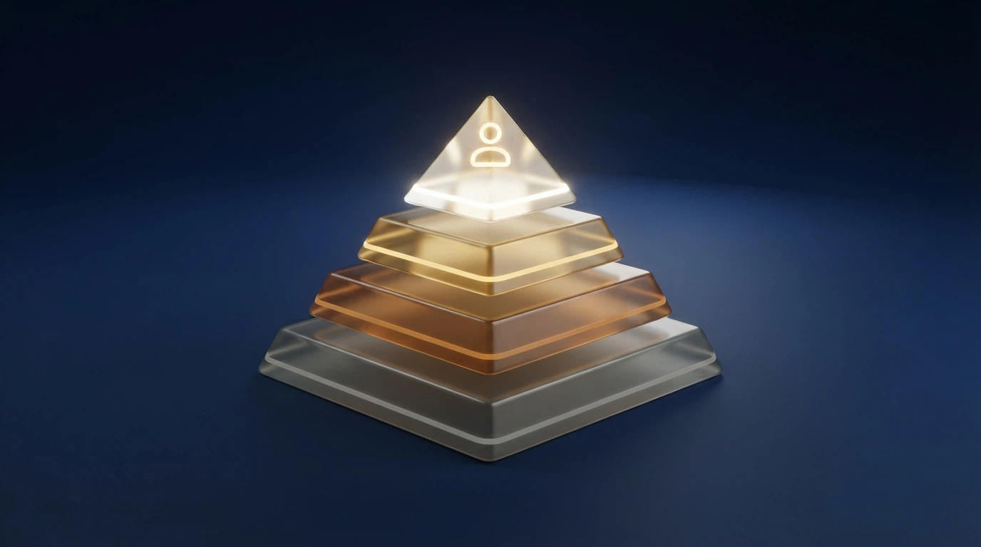 A stylised ascending tier pyramid with four to five levels, each labelled with escalating perks — cashback percentage rising, a personal-host icon appearing at the top