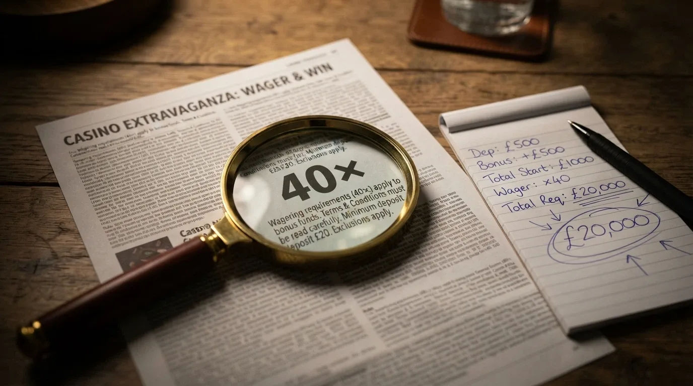 A close-up of wagering terms printed in small text on a casino promotions page, magnified to show a 40× multiplier beside a calculator displaying a large turnover figure