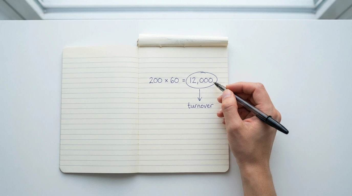 A calculator next to a notepad showing a bonus amount multiplied by a wagering multiple, with the resulting turnover figure circled