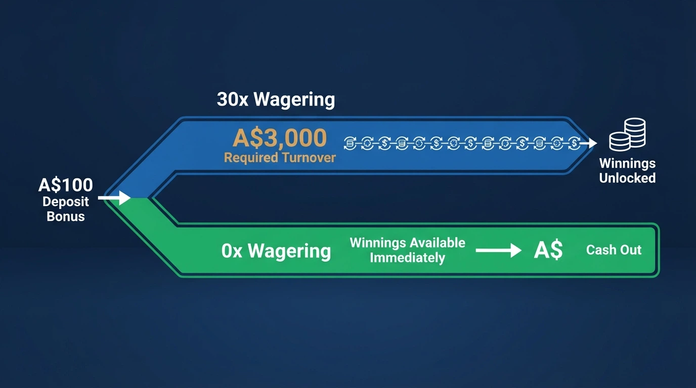A diagram comparing two bonus paths side by side — one labelled “30x wagering” showing A$3,000 in required turnover before a withdrawal is possible, the other labelled “0x wagering” showing winnings available immediately