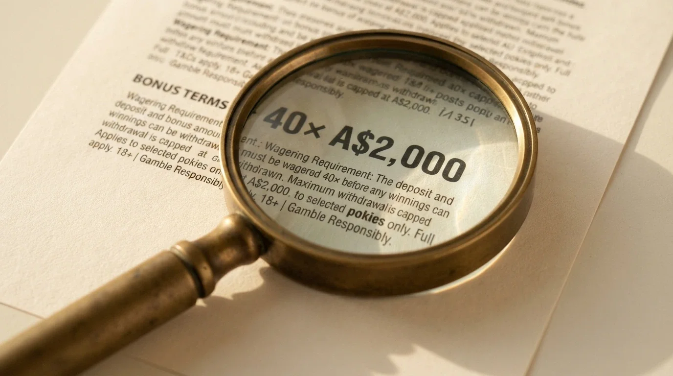 A magnifying glass held over casino bonus terms and conditions, with wagering requirement figures highlighted in the text beneath it