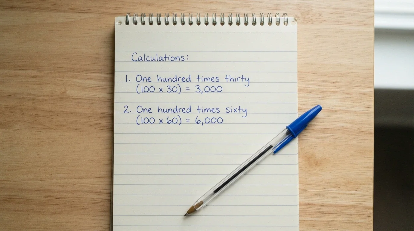 A calculator next to a notepad showing the maths: $100 × 30 = $3,000 in required turnover