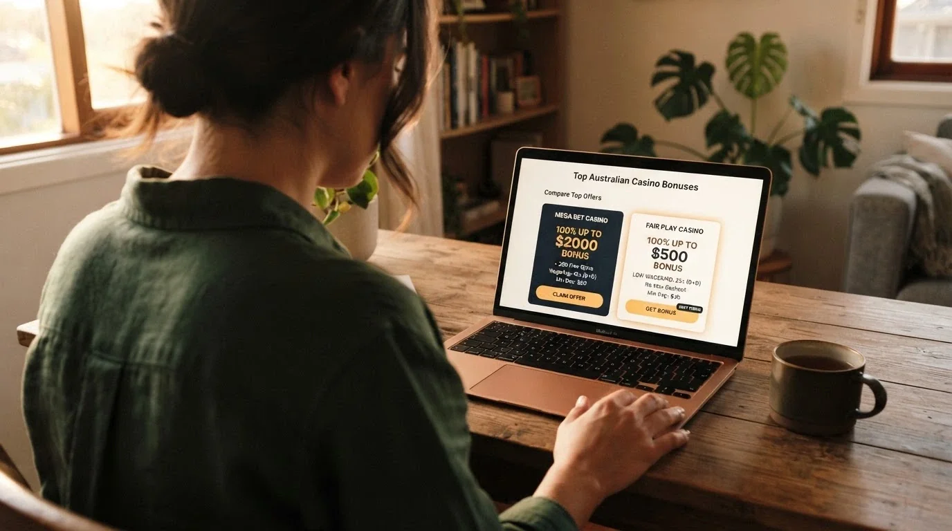 A player reviewing a comparison of two welcome bonuses on screen, one with a large headline figure and one with better terms