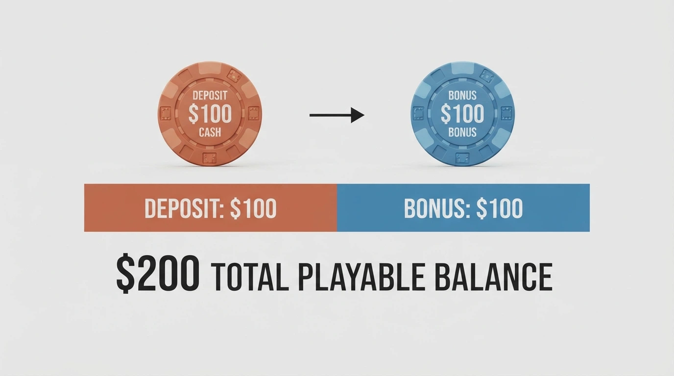 A diagram showing a A$100 deposit being matched by a A$100 bonus, with the total A$200 balance split into real cash and bonus cash