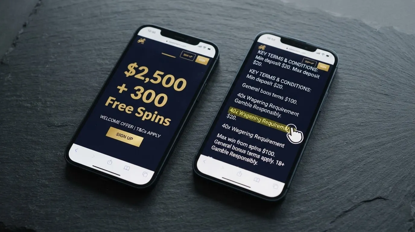 Two smartphones side by side: the left shows a casino welcome-offer page with a large AUD-2,500-plus-300-free-spins headline; the right shows the same page scrolled down to the 40x wagering fine print, highlighted